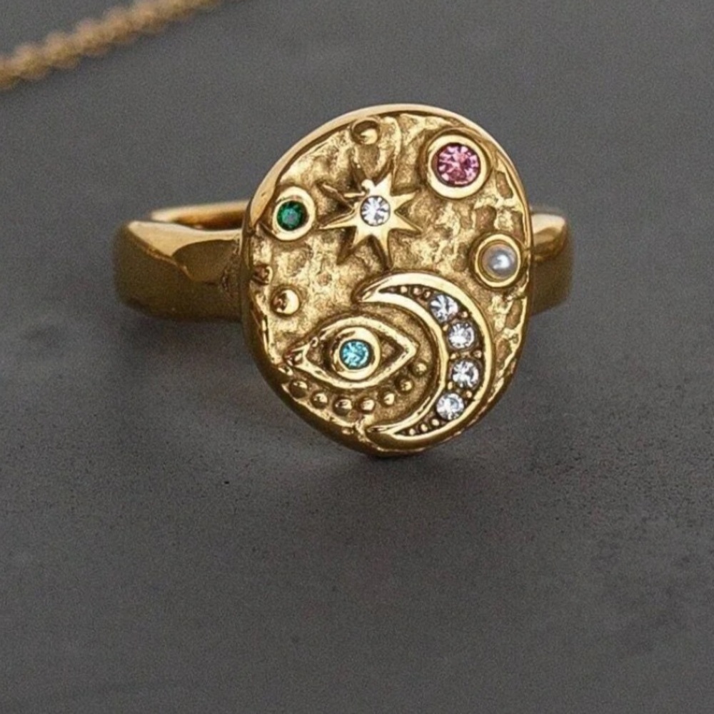Like New Lucky Lux Studio Gold Star Moon Evil Eye Ring